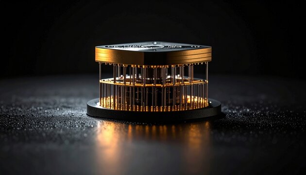 Intricate superconducting qubit architecture resting on a dark surface, showcasing the precise engineering of modern quantum computing technology in a realistic microscopic laboratory setting.