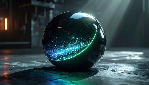 A smooth dark chrome hemisphere embedded with glowing subatomic particles sitting on a reflective surface representing advanced physics and futuristic scientific discovery.