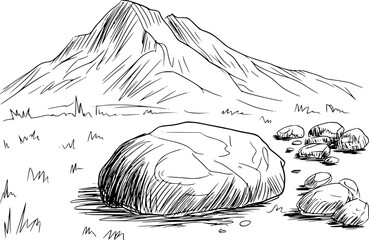 Hand-drawn of rocky mountain landscape with boulder and stones © Lisa_Stock