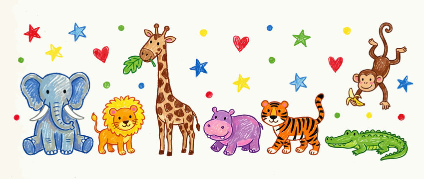 Cute zoo kids safari animals print set, hand drawn childish cartoon naive jungle illustration. Wax crayon scribble funny wildlife, kindergarten nursery playful decor. Cute colorful elephant character