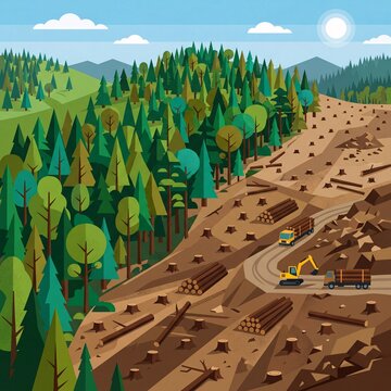 Vector landscape showing deforestation and forest loss contrast