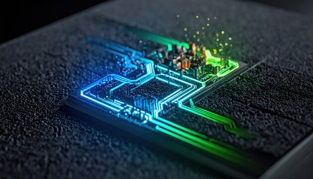 Macro view of a superconducting material surface with glowing electronic pathways representing advanced quantum technology, computing architecture, and modern science innovation.