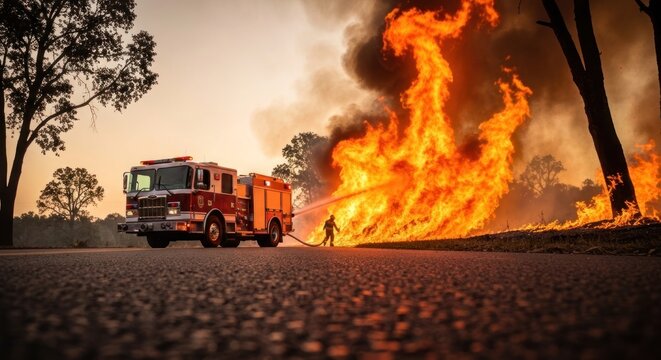 Firefighters battle a massive blaze from a truck, spraying water
