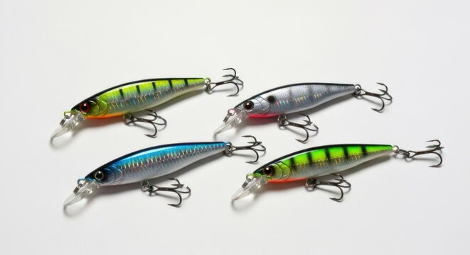 Four colorful fishing lures with treble hooks on a white background
