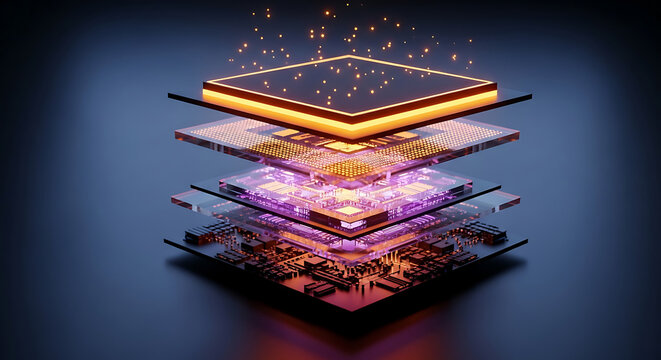 Layered microchip processor circuit board components glow with internal light. Futuristic tech schematic visualizes data processing architecture and intricate electronic hardware design