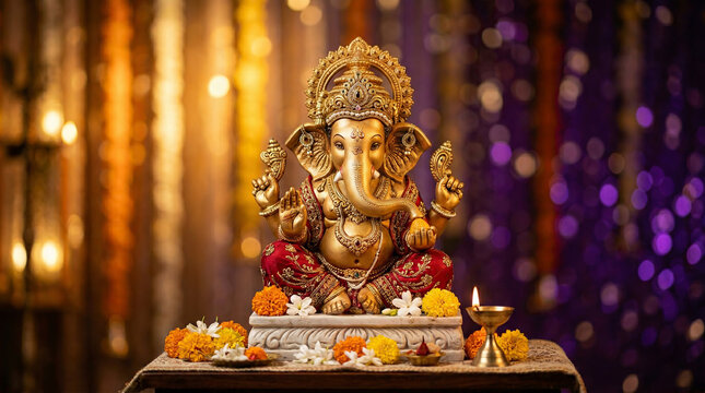 Golden Ganesha idol with floral offerings in traditional Hindu temple setting