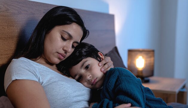 Tired Mother Holding Sick Child at 3 AM in Soft Warm Light
