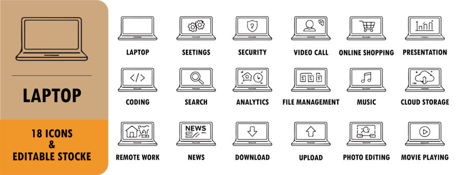 Laptop and Digital Technology Icon Set with Editable Work and Computing Symbols
