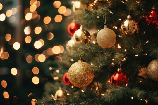 Christmas tree branches holding gold and red baubles with warm bokeh lights