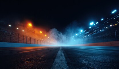 Fototapeta premium Atmospheric race track at night with glowing lights and dramatic smoke