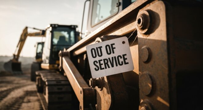 Large yellow construction equipment with "Out of Service" sign