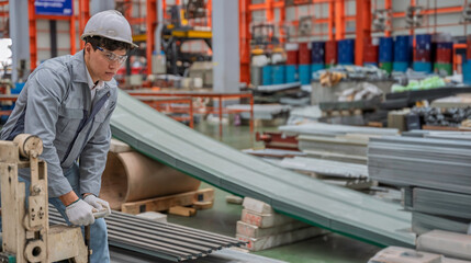 Fototapeta premium Industrial worker operating a metal sheet machine in a factory. Safety helmet and gloves show commitment to workplace safety and precision in steel manufacturing process.