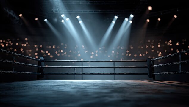 Empty boxing ring illuminated by spotlights, with blurred arena lights in background
