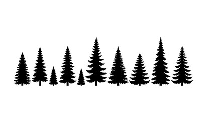 Obraz premium Minimal monochrome conifer tree vector set with pine fir and spruce silhouettes on white background