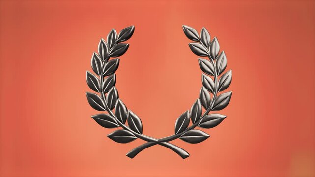 A sleek black metallic laurel wreath symbol centered on a warm orange and peach gradient background. Excellent for luxury branding, award ceremonies, cinematic logos, and victory motifs.