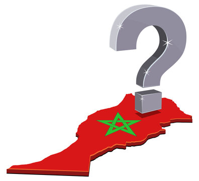 A 3D map of Morocco with national flag and a large silver question mark representing political, social or economic uncertainty and future challenges (cut out)