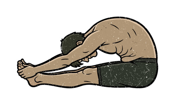 Man stretching, seated forward bend pose, yoga illustration