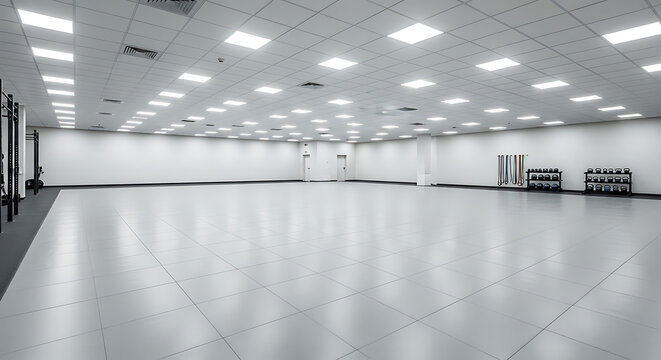 Large empty modern studio room with bright ceiling lights and grey tiled floor.