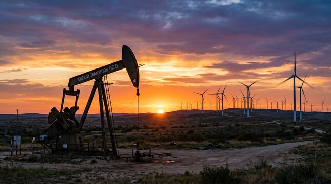 Oil pump jack vs wind turbines at sunset, energy transition contrast