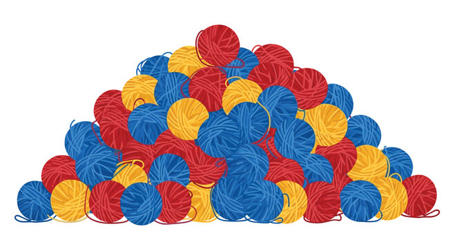 A large, dense pile of red, blue, and yellow yarn balls stacked together in a conical shape against a clean and bright white background surface area.
