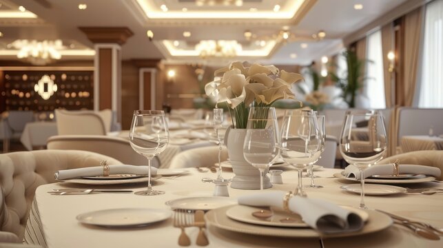 Elegant table setting with a banquet table decorated with floral arrangements in beige tones.