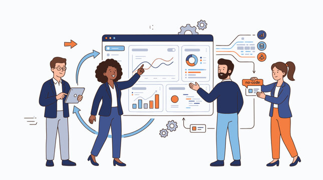 Diverse Business Team Analyzing Data and Presenting Graphical Reports on a Digital Interface