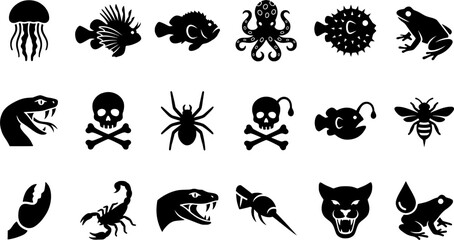 Obraz premium 18 Black and White Animal Venom Toxin Vector Icons Flat Line Art Set 