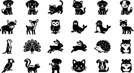 Naklejka premium 24 Black and White Animal Emoji Expression Vector Icons Flat Line Art 