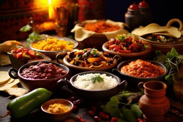 Obraz premium Assortment of vibrant mexican food and dips including rice, beans, salsa, and guacamole