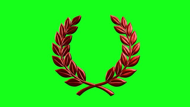 A detailed 3D illustration of a red laurel wreath on a bright green screen background, symbolizing victory, achievement, or academic excellence. This asset is perfect for awards, certifications, or ce
