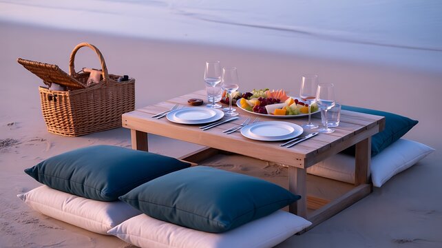 Romantic beach picnic table setup with fruit platter, glasses, cushions at sunset