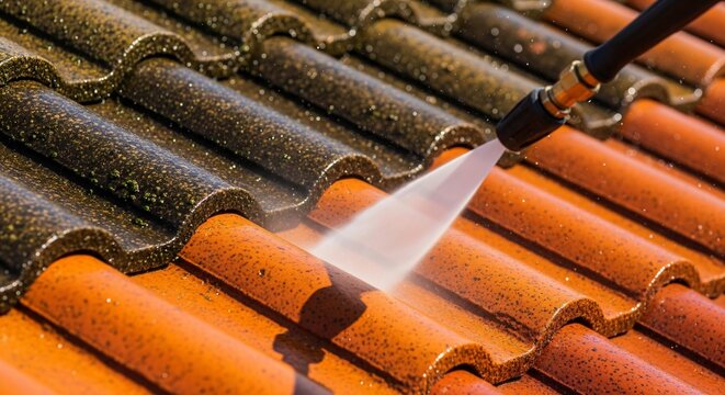Professional high-pressure water jet cleaning moss and grime from oran