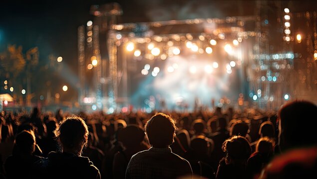 Crowd silhouetted against a brightly lit outdoor stage at night