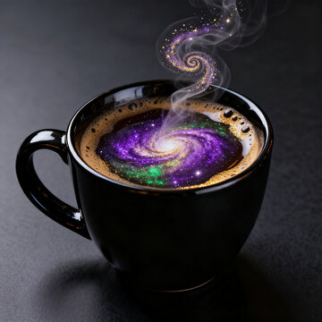 Cosmic Coffee in a Black Mug with Spiral Glowing Steam and Purple Galaxy Nebula Inside