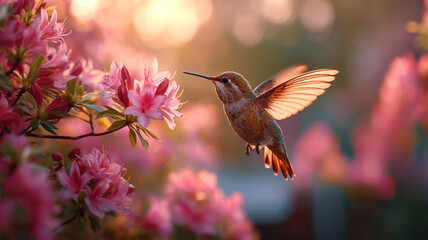 Obraz premium hummingbird flying near blooming pink flowers, glowing sunset sun in background