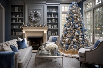Naklejka premium Elegant living room featuring a decorated christmas tree and fireplace mantel in a festive home interior