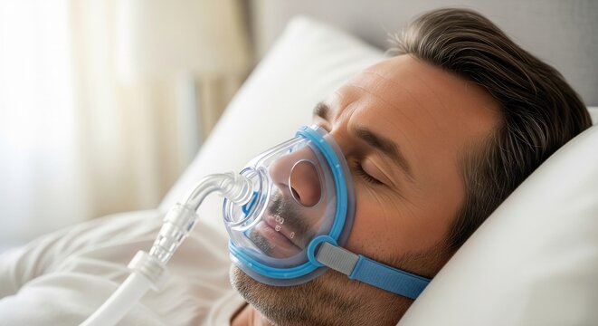 Mature Man Wearing CPAP Mask for Sleep Apnea Therapy While Sleeping in