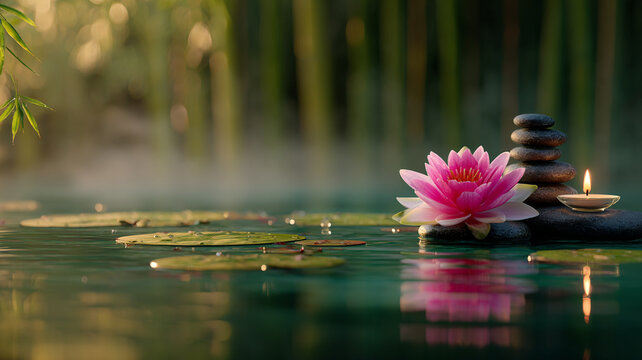 serene and tranquil Zen spa setting. A large, perfectly shaped pink lotus floating centrally on reflective green water. Smooth stack of dark stones and a lit white textured candle nearby. 