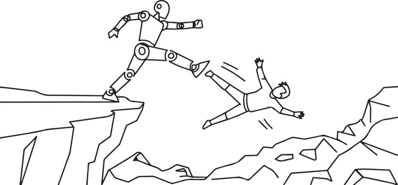 Single one line drawing robot kick throw colleague off cliff or hill. Eliminate rival coworker. Rivalry and competition. one line Icon drawing