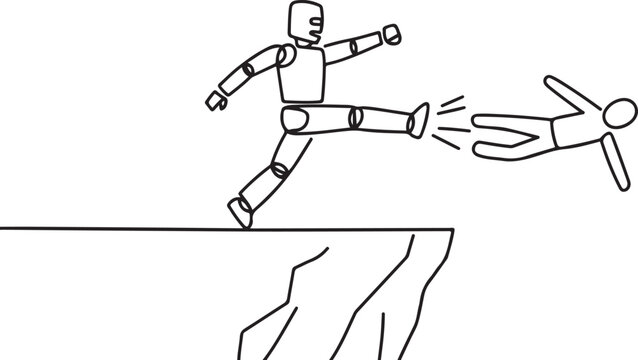 Single one line drawing robot kick throw colleague off cliff or hill. Eliminate rival coworker. Rivalry and competition. one line Icon drawing