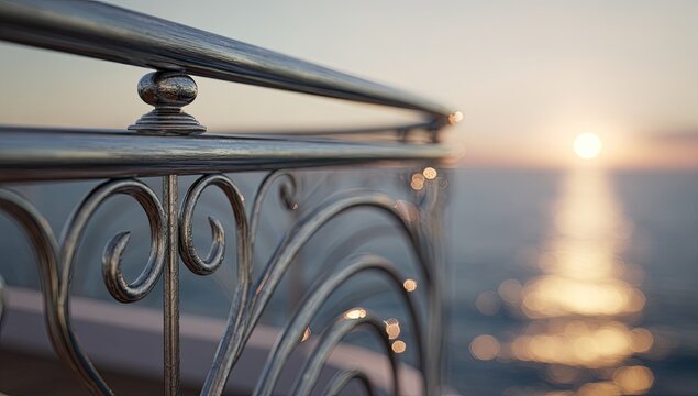 Ornate metallic railing overlooks calm ocean at sunrise