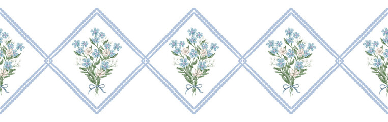 Seamless watercolor pattern with small flower bouquets tied with ribbons inside a diamond grid. Soft blue and green tones, delicate hand-painted botanical style. © Marina Morenova