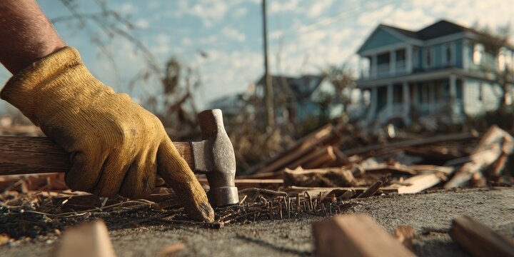 A gloved hand hammers debris amidst storm devastation