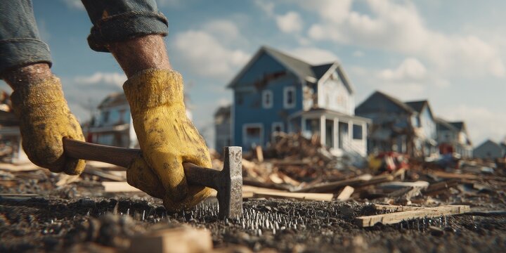 Hands in yellow gloves hammer nails into ground amidst destroyed neighborhood