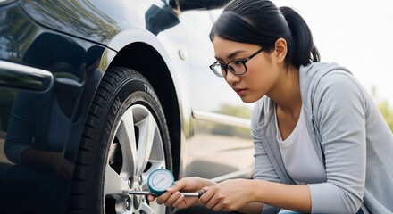Fototapeta premium Young Asian woman wearing glasses checking car tire pressure using man