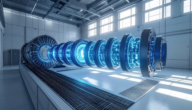 An intricate network of superconducting coils and magnetic field emitters glows with blue light inside a high tech industrial laboratory, showcasing cutting edge nuclear research technology.