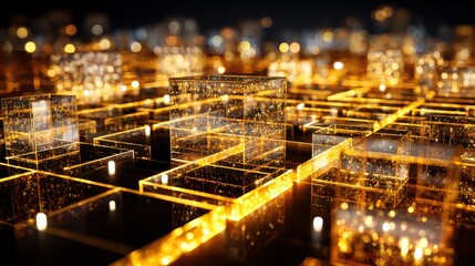 Obraz premium Glowing Golden Cubes in a Futuristic Digital Network