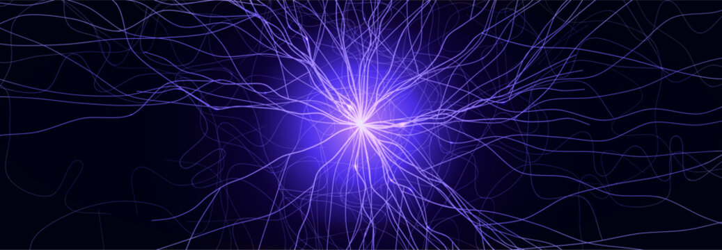 Neuron Firing Human Brain Neural Network Innovate Science Technology Background. Medical Neurology Bio Tech Scientific Research Banner Flash Glow Fractal. Blue AI Digital Net. Vector Illustration