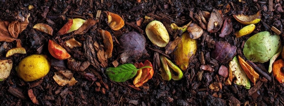 A vibrant, overhead shot showcases a colorful assortment of fruit peels, vegetable scraps, and fallen leaves decomposing within a rich, dark soil, illustrating the natural cycle of decay and renewal.