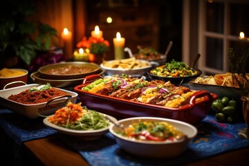 Fototapeta premium Traditional mexican dishes served on a table with candles, ready for a special occasion